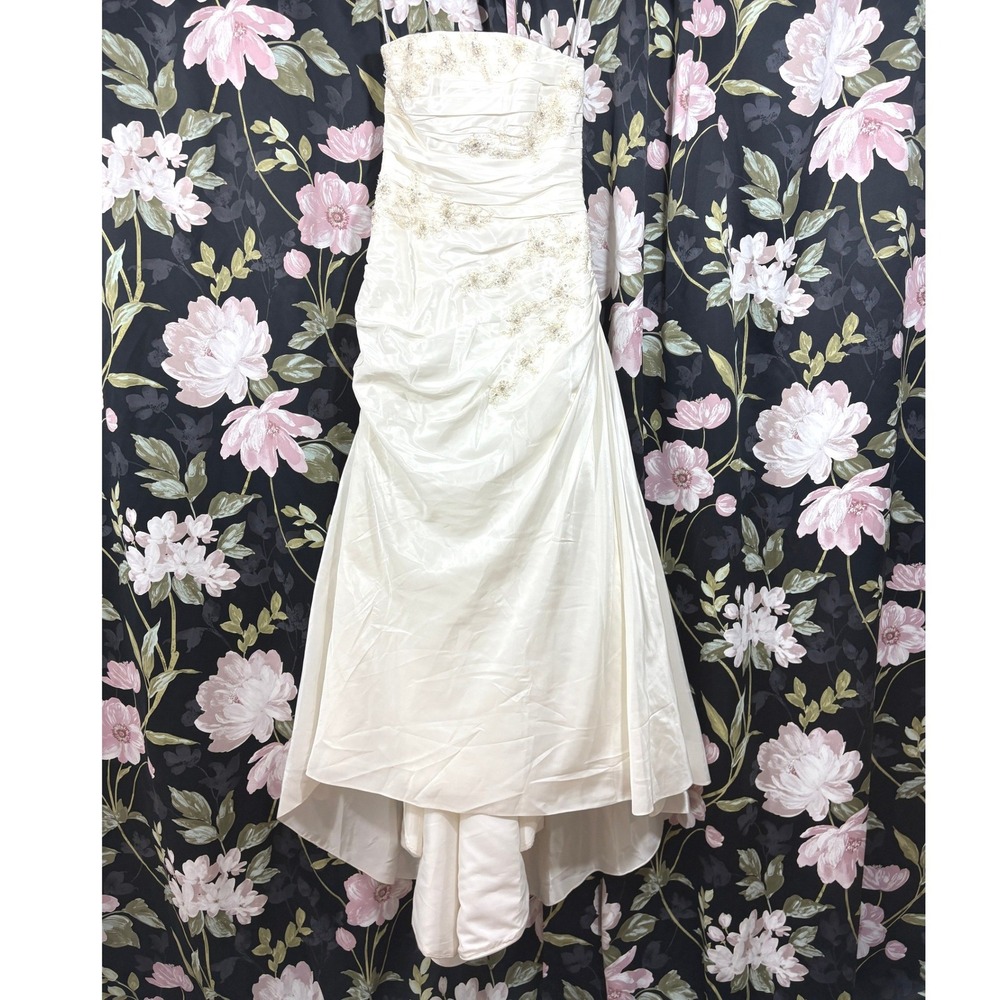 Anjolique Ivory Satin Ruched Strapless Wedding Dress Lace Beaded Train Bridal S